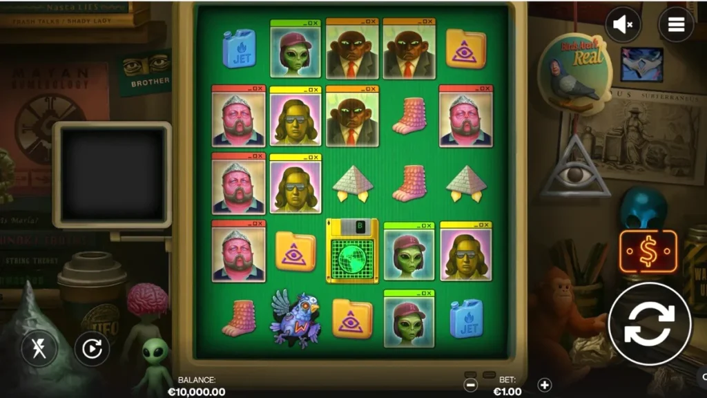 Tampilan layar permainan slot Truth dengan tema konspirasi retro