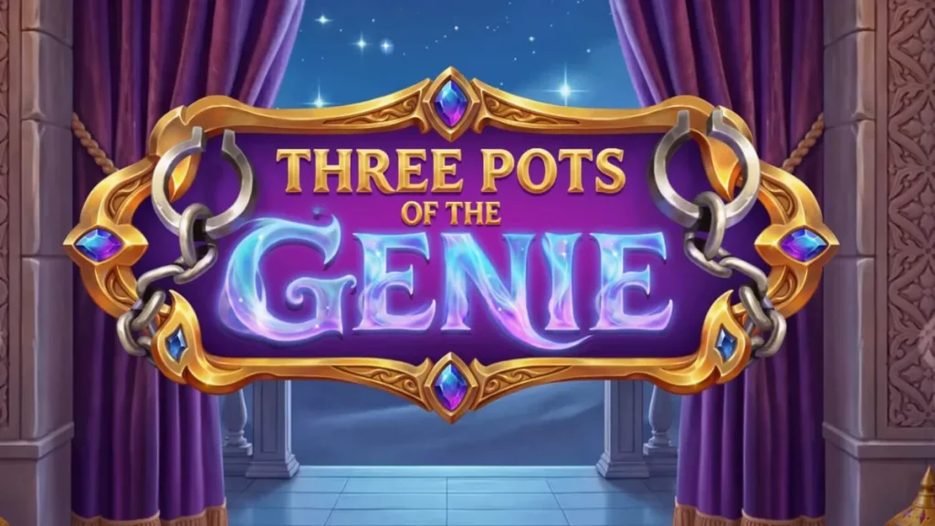 Tampilan visual slot Three Pots of the Genie dengan latar belakang gurun dan lampu ajaib