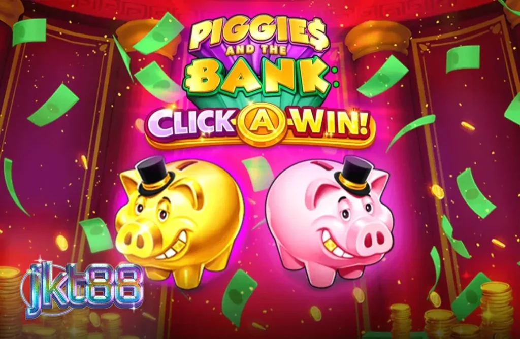 Tampilan visual slot Piggies and the Bank: Click-A-Win dengan tema babi mewah